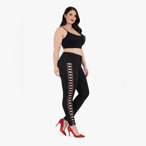 American Bazi Sexy Black Crisscross Cut-Out Skinny Pants High Waist Leggings- 1X